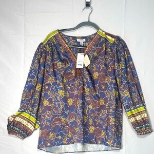 Current Air Floral Border Long Sleeve Blouse Satin Boho Indie size M (L)